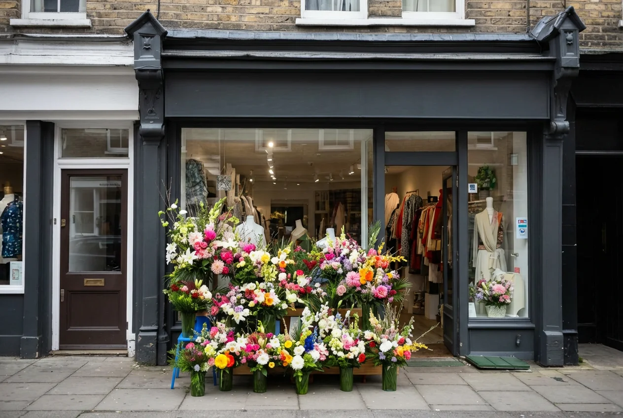 Même vitrine, façade et fleurs révélées par une lumière équilibrée