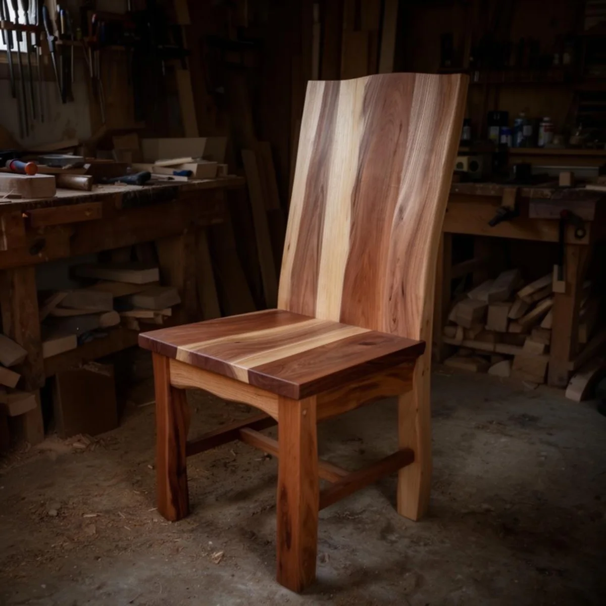 Chaise en bois dans atelier sombre