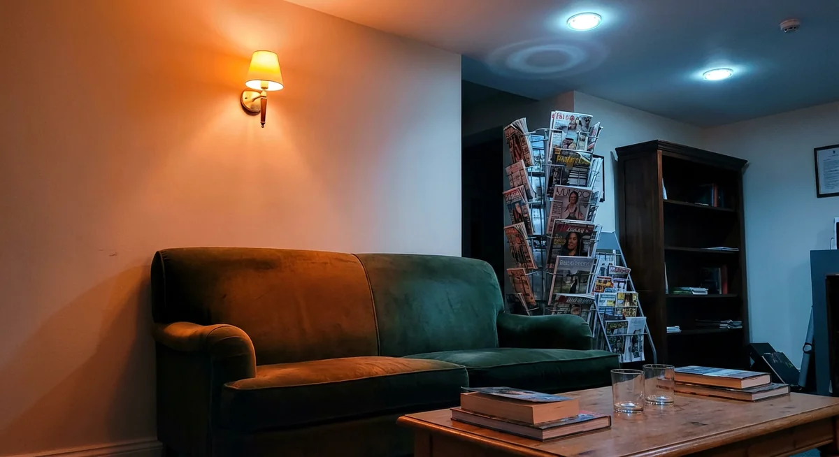 Salon lounge avec lumière mixte chaude et froide