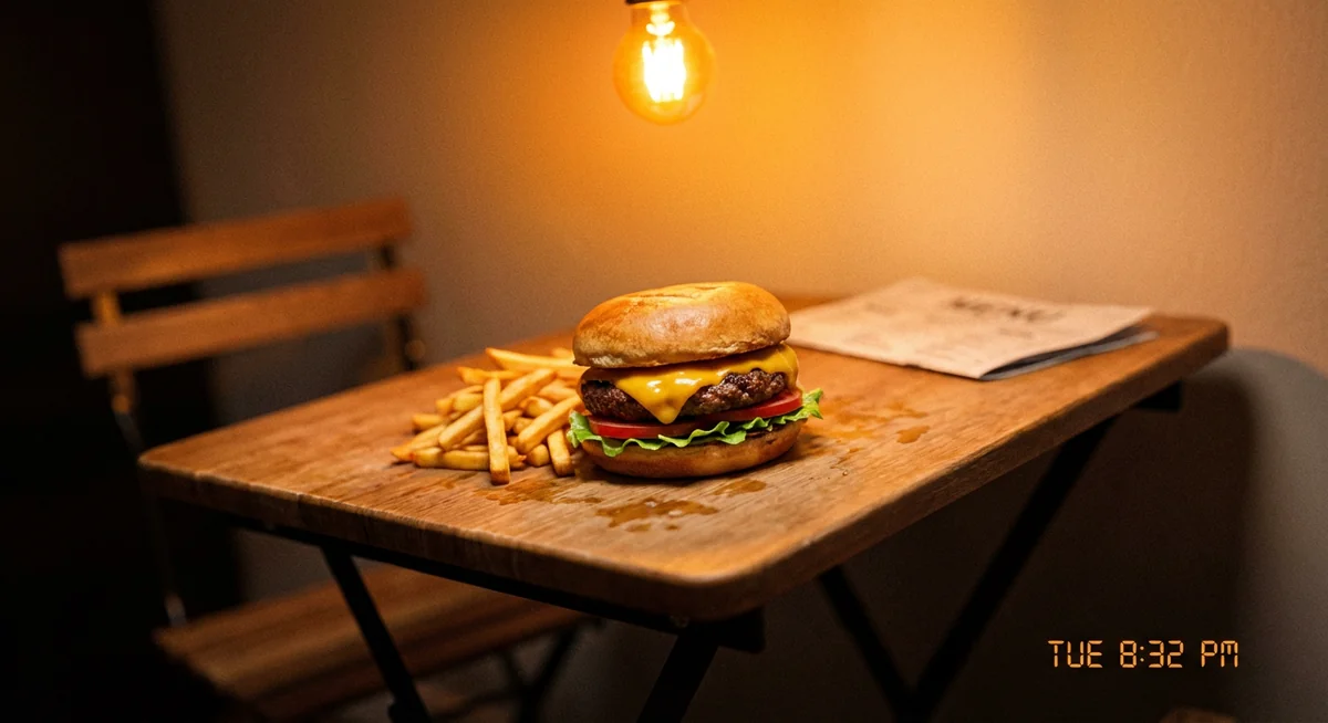 Burger photographié au smartphone sous lumière tungstène jaune