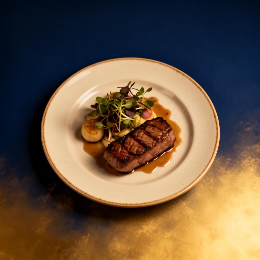 Plat de restaurant photographié avec lumière chaude sur fond navy et halo doré