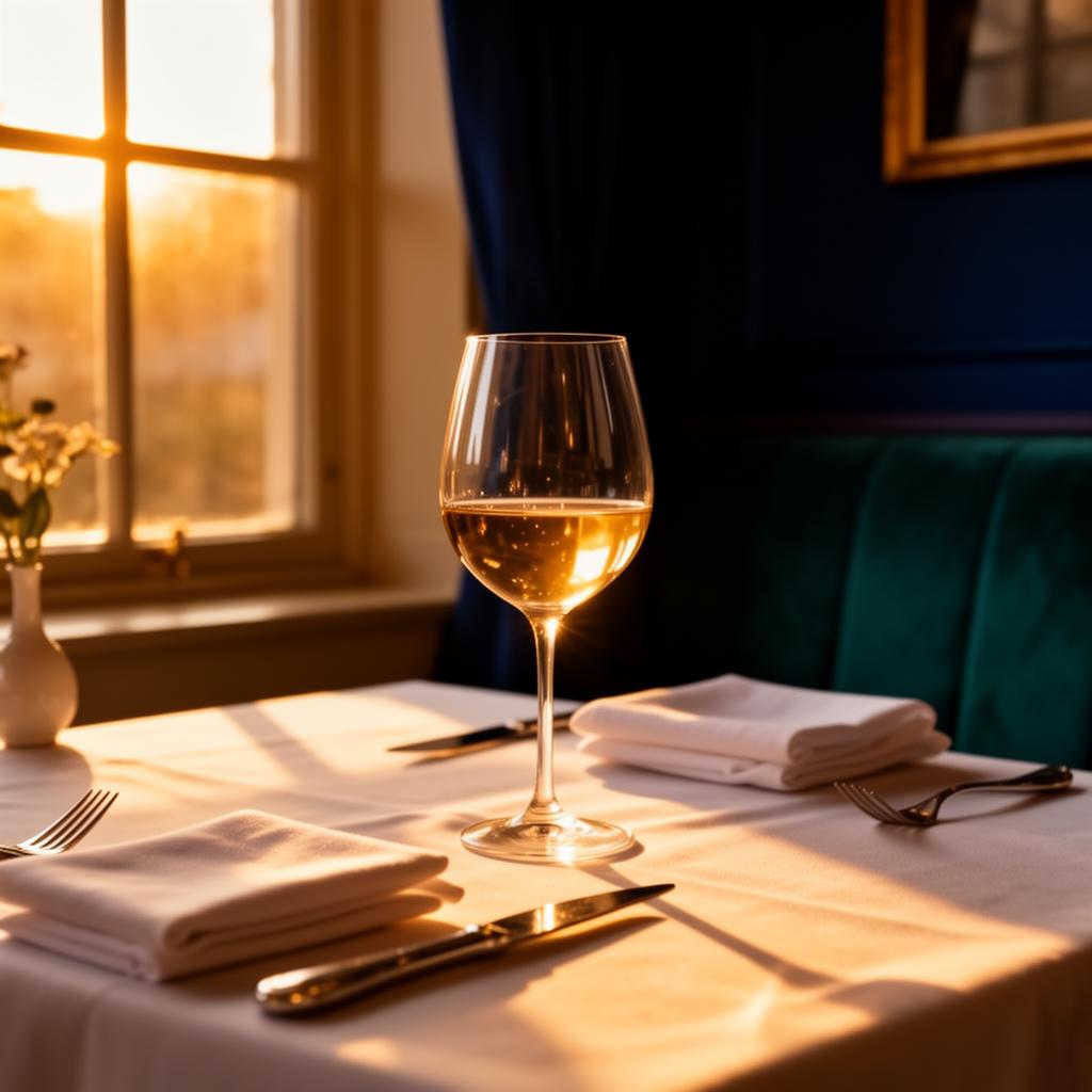 Table de restaurant élégante avec verre de vin, lumière dorée du soir